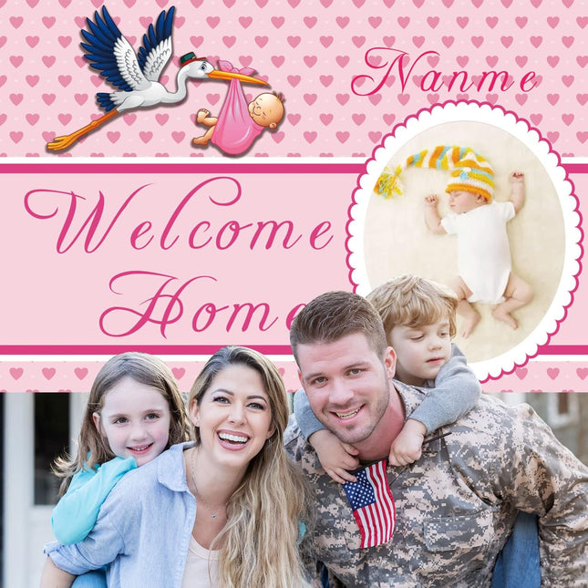 UUBAO Custom Welcome Home Baby Girl Garden Flag Shower Birth Announcement Family Party Newborn Gender Reveal Lawn Yard Sign Pink Stork Outdoor Decoration Burlap Banner Pink-Baby