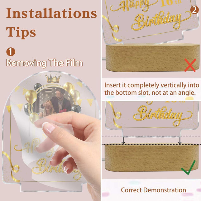 UUBAO Personalized Happy Birthday Night Light Gift with Photo Customized Acrylic Lamp for Her Mom Daughter Grandma Nana(Black and Gold)