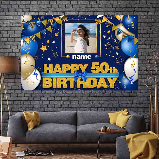UUBAO Custom Happy Birthday Decorations Banner Backdrop for Women Men Boys Girls Personalization Navy Blue Birthday Party Supplies