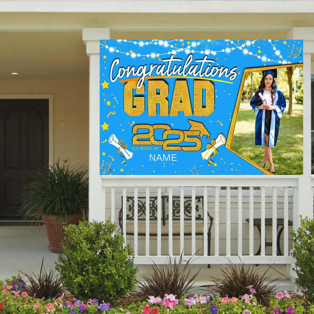 UUBAO Custom Graduation Party Decorations Personalization Banner Class of 2025 Backdrop (Sky Blue and Gold)
