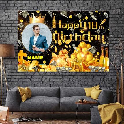 UUBAO Custom Happy Birthday Decorations Banner Backdrop for Women Men Boys Girls Personalization Black and Gold Birthday Party Supplies