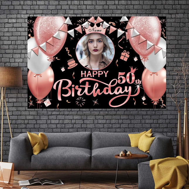 UUBAO Custom Rose Gold Happy Birthday Banner Backdrop Birthday Decorations Party Supplies for Girl Women