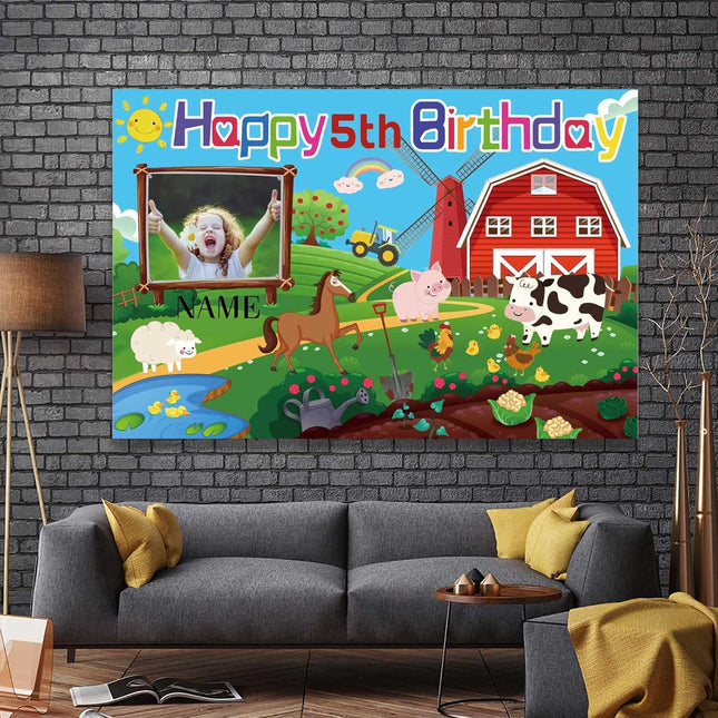 UUBAO Custom Farm Animal Happy Birthday Party Decorations Barn Cow Farmhouse Birthday Backdrop Banner