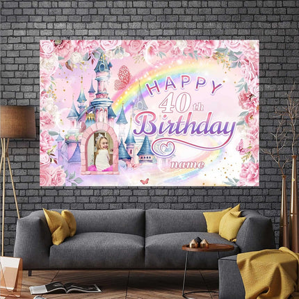 UUBAO Custom Castle and Princess Theme Birthday Decorations Banner Personalized Fabric Banner Birthday Party Supplies for Girls