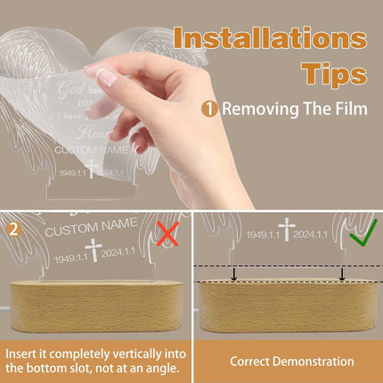 UUBAO Personalized Memorial Gift 3D Carved Night Light Customized Light Up Acrylic Plaque Lamp Sympathy Bereavement Remembrance Gift(Wings)