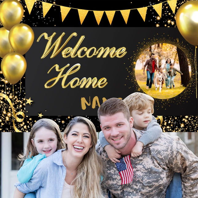 UUBAO Custom Welcome Home Banner Decoration, Black Gold Yard Sign for Outdoor Decor, Military Homecoming Deployment Returning Party Supplies