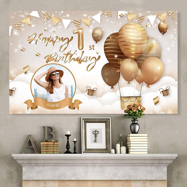 UUBAO Custom Beige Happy Birthday Banner Backdrop Large Party Indoor Outdoor Car Decoration Supplies for Girl Women