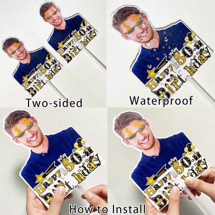 UUBAO Personalized Double Sided Happy Birthday Photo Prop Face Fan Customized Birthday Fun Supplies(Black and Gold)