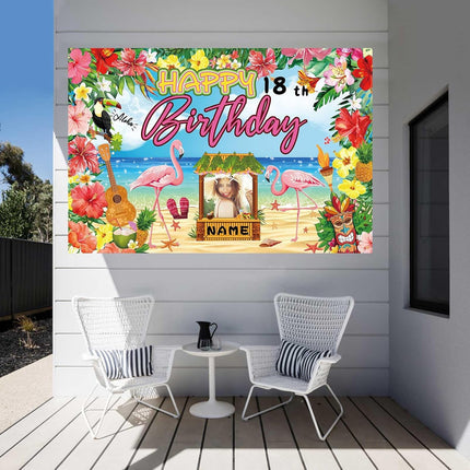 UUBAO Custom Happy Birthday Banner Flamingo Themed Party Decoration Tropical Floral Photo Booth Hawaiian Party Decoration for Luau Beach