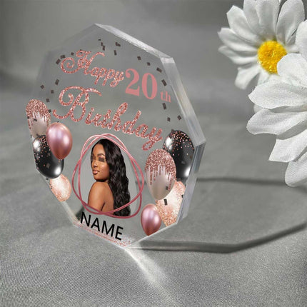UUBAO Custom Happy Birthday Acrylic Plaque Desktop with Photo Personalized  Birthday Gift Ideas Keepsake Paperweight Sign(Pink)