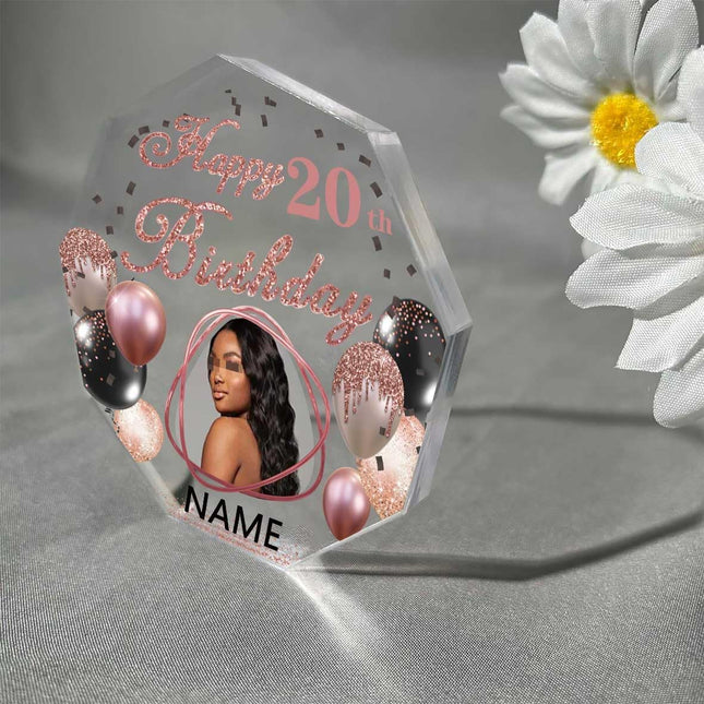 UUBAO Custom Happy Birthday Acrylic Plaque Desktop with Photo Personalized  Birthday Gift Ideas Keepsake Paperweight Sign(Pink)