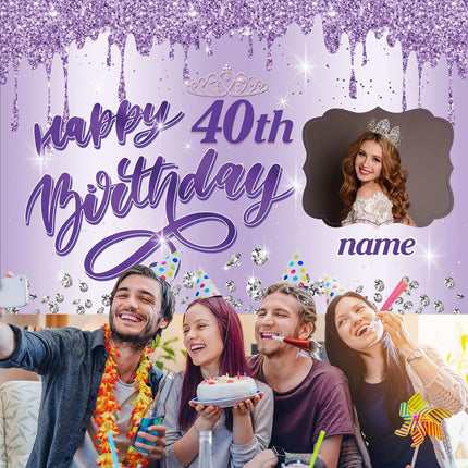 UUBAO Custom Happy Birthday Backdrop Personalization Glitter DiamondBanner for Girls Women(Purple)