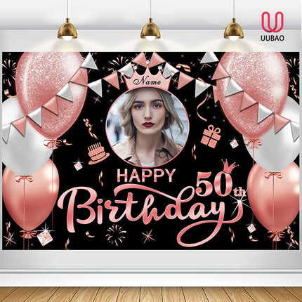 UUBAO Custom Rose Gold Happy Birthday Banner Backdrop Birthday Decorations Party Supplies for Girl Women