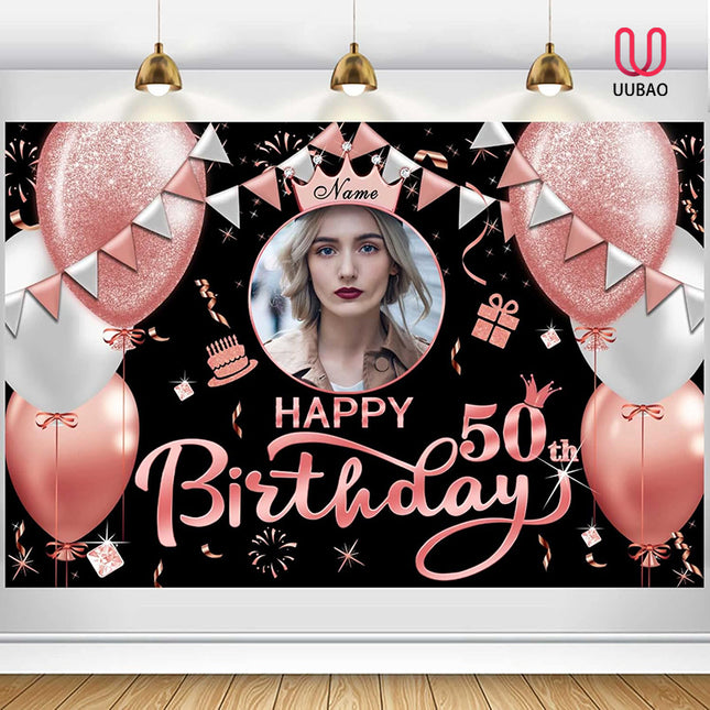 UUBAO Custom Rose Gold Happy Birthday Banner Backdrop Birthday Decorations Party Supplies for Girl Women