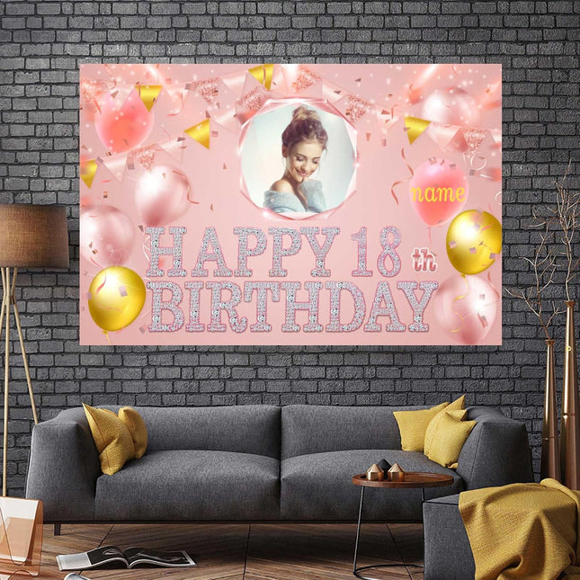 UUBAO Custom Birthday Banner for Party Personalized Backdrop Decoration with Name and Photo(Pink)