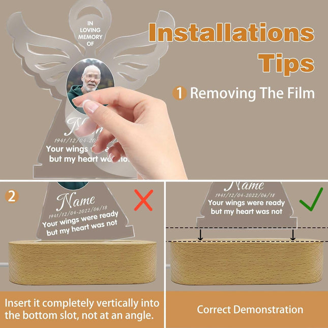 UUBAO Personalized Memorial Gift Photo Night Light Customized Light Up Acrylic Plaque Lamp Sympathy Bereavement Remembrance Gift(Angel Wing)