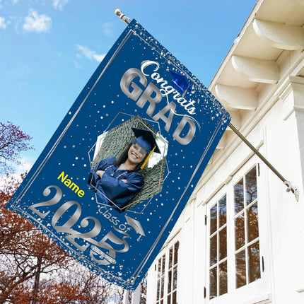UUBAO Custom Graduation Garden Flag with Photo Class of 2025 Congrats Grad Double Sided Yard Flag Decorative Gifts (Blue and Silver)