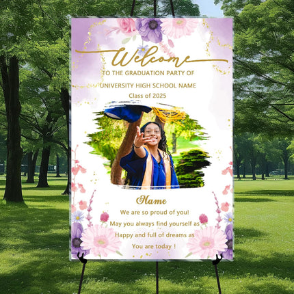 UUBAO Customized Welcome Sign for Graduation Party Personalized Acrylic Sign with Photo Name Class of 2025 Graduation Decor(Purple Flowers)