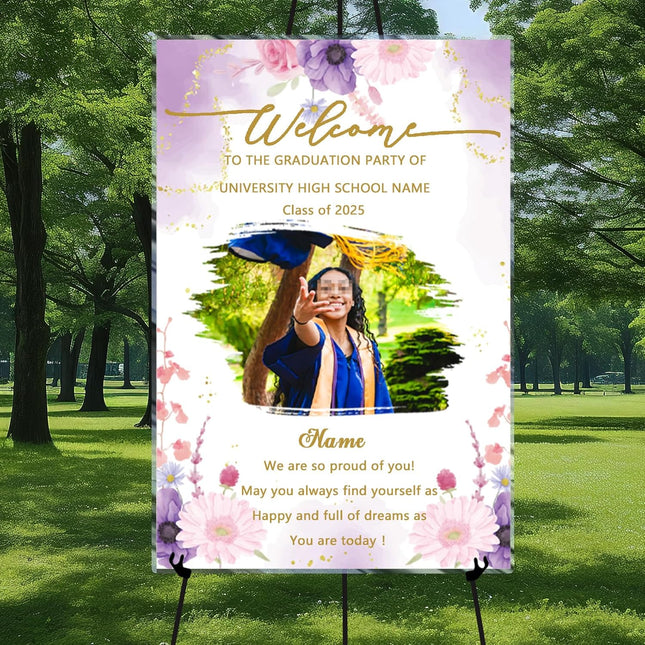UUBAO Customized Welcome Sign for Graduation Party Personalized Acrylic Sign with Photo Name Class of 2025 Graduation Decor(Purple Flowers)