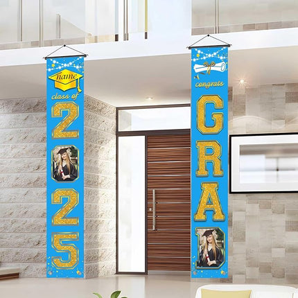 UUBAO Custom Graduation Party Decorations 2025 Personalization Congrats Grad Banner Graduation Front Door Porch Sign Backdrop(Sky Blue and Gold)