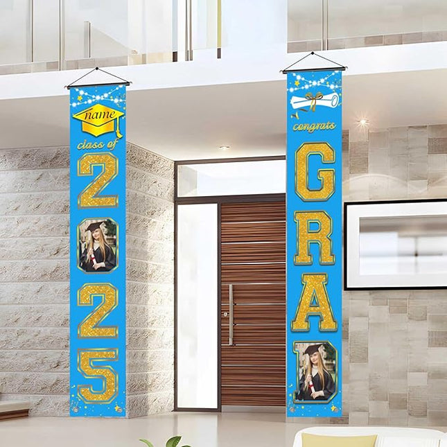UUBAO Custom Graduation Party Decorations 2025 Personalization Congrats Grad Banner Graduation Front Door Porch Sign Backdrop(Sky Blue and Gold)