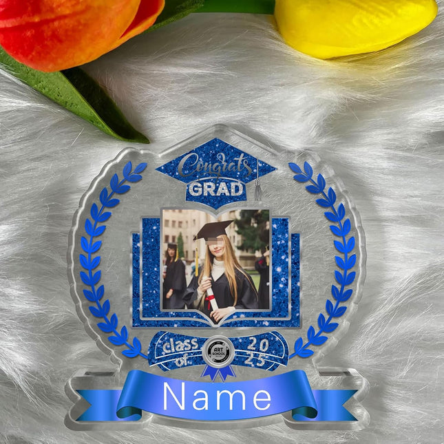 UUBAO Customized Graduation Plaque with Single Picture Custom Picture 2025 Congrats Grad Crystal Desktop Farewell Keepsake Gift (Blue and Silver)