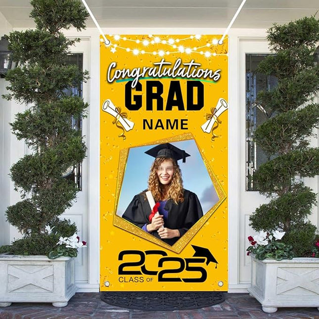 UUBAO Custom Graduation Party Decorations Personalization Banner Class of 2025 Backdrop Door Cover (Yellow)