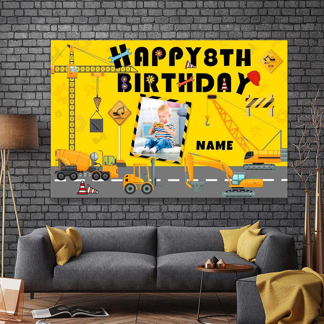 UUBAO Custom Construction Happy Birthday Party Decorations Supplies Personalized Excavator Crane Dump Truck Digger Backdrop Banner