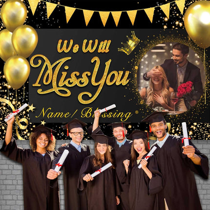 UUBAO Custom We Will Miss You Decorations Banner,Farewell Going Away Party for Anniversary Retirement Graduation Party(Black Gold)