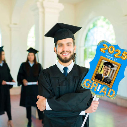 UUBAO Personalized Graduation Double Sided Face Fan Class of 2025 Customized Graduation Head Face Cutout with Handle Fun Photo Prop Supplies(Sky Blue)