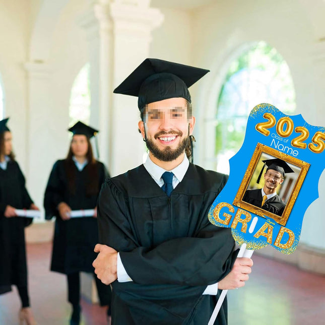 UUBAO Personalized Graduation Double Sided Face Fan Class of 2025 Customized Graduation Head Face Cutout with Handle Fun Photo Prop Supplies(Sky Blue)