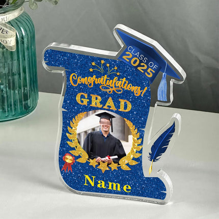 UUBAO Personalized Graduation Gift Class of 2025 Desk Paperweight Farewell Memorial Decorative Signs Plaques with Photo (Blue and Gold)
