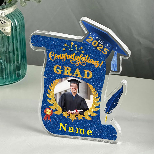 UUBAO Personalized Graduation Gift Class of 2025 Desk Paperweight Farewell Memorial Decorative Signs Plaques with Photo (Blue and Gold)
