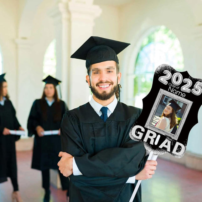 UUBAO Personalized Graduation Double Sided Face Fan Class of 2025 Customized Graduation Head Face Cutout with Handle Fun Photo Prop Supplies(Black and Silver)