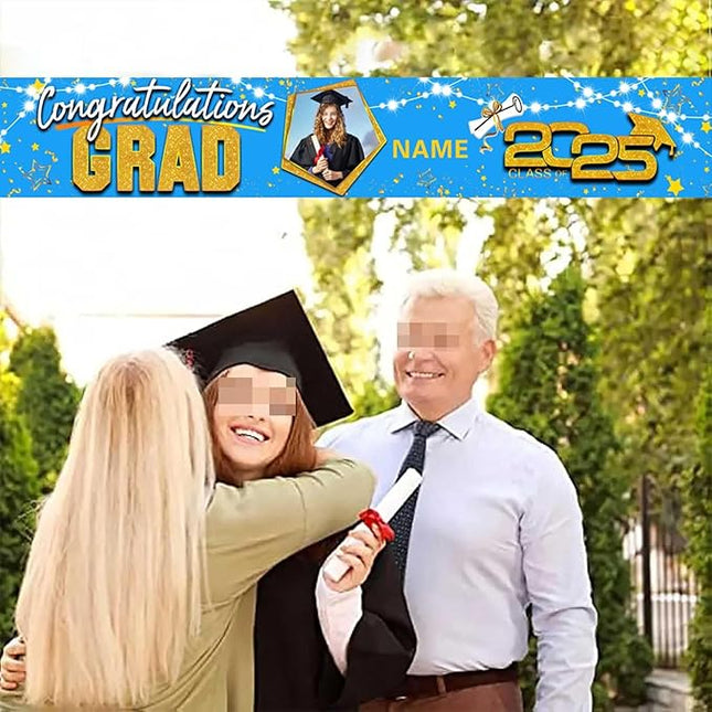 UUBAO Custom Graduation Party Decorations 2025 Personalization Congrats Grad Banner Graduation Backdrop(Sky Blue and Gold)