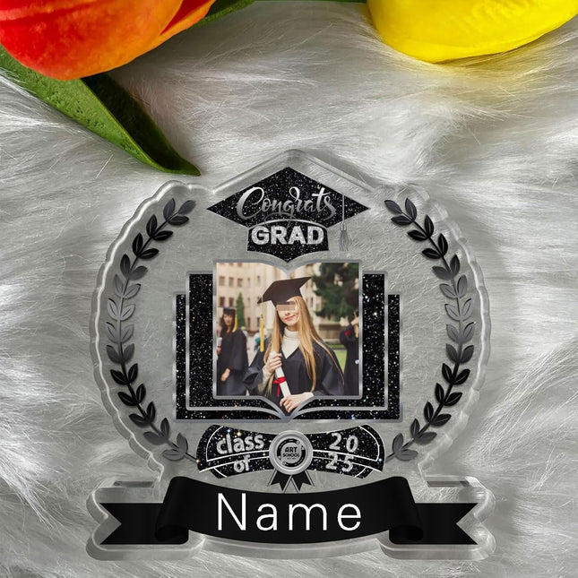 UUBAO Customized Graduation Plaque with Single Picture Custom Picture 2025 Congrats Grad Crystal Desktop Farewell Keepsake Gift (Black and Silver)