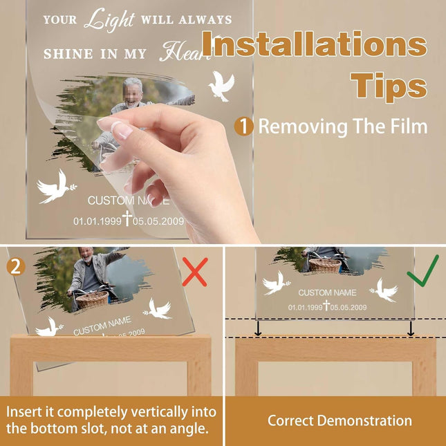 UUBAO Personalized Memorial Gift Night Light Customized Light Up Picture Frames Acrylic Led Plaque Lamp Sympathy Remembrance Gift(Peace Dove)