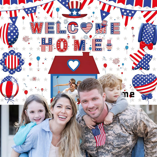 UUBAO Custom Welcome Home Decorations Kit Military Red White and Blue Balloons Patriotic Paper Fans Star Streamers Tablecloth for Patriotic Memorial Day Deployment Returning Party Decor