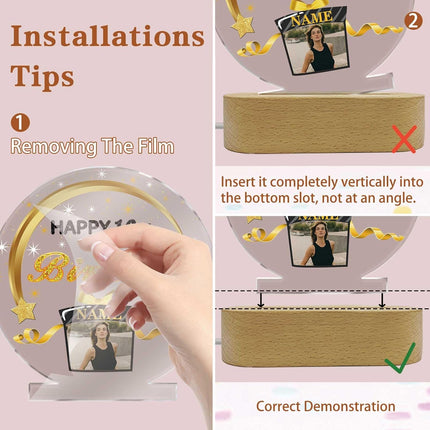 UUBAO Personalized Happy Birthday Night Light Gift with Photo Customized Acrylic Lamp for Her Mom Daughter Grandma Nana(Black and Gold)