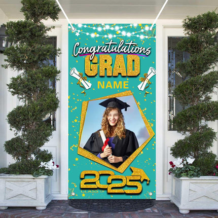 UUBAO Custom Graduation Party Decorations Personalization Banner Class of 2025 Backdrop Door Cover (Peacock Blue and Gold)