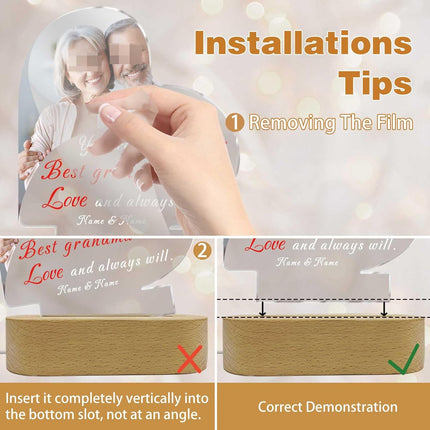 UUBAO Personalized Mother's Day Night Light Gift with Wooden Base Custom Photo Acrylic Plaque LED Night Lamp Gift for Grandma