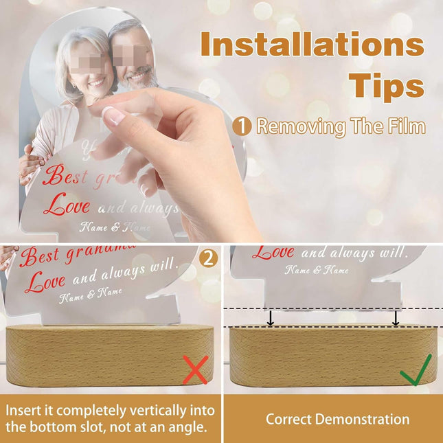 UUBAO Personalized Mother's Day Night Light Gift with Wooden Base Custom Photo Acrylic Plaque LED Night Lamp Gift for Grandma