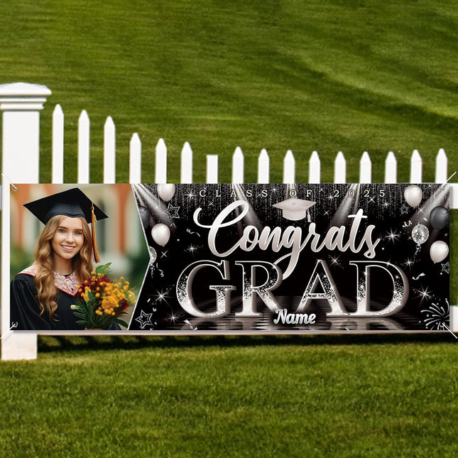 UUBAO Custom Graduation Party Decorations Personalization Banner Class of 2025 Backdrop (Black and Silver）