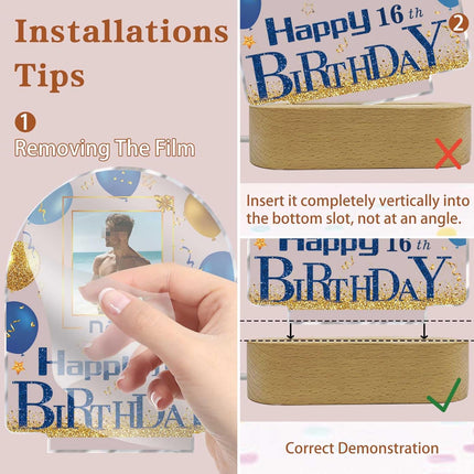 UUBAO Personalized Happy Birthday Night Light Gift with Photo Customized Acrylic Lamp for Her Mom Daughter Grandma Nana(Blue and Gold)