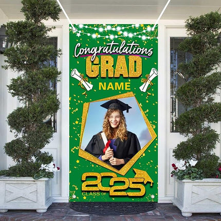 UUBAO Custom Graduation Party Decorations Personalization Banner Class of 2025 Backdrop Door Cover (Dark Green and Gold)