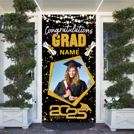 UUBAO Custom Graduation Party Decorations Personalization Banner Class of 2025 Backdrop Door Cover (Black and Gold)