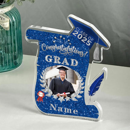 UUBAO Personalized Graduation Gift Class of 2025 Desk Paperweight Farewell Memorial Decorative Signs Plaques with Photo (Blue and Silver)
