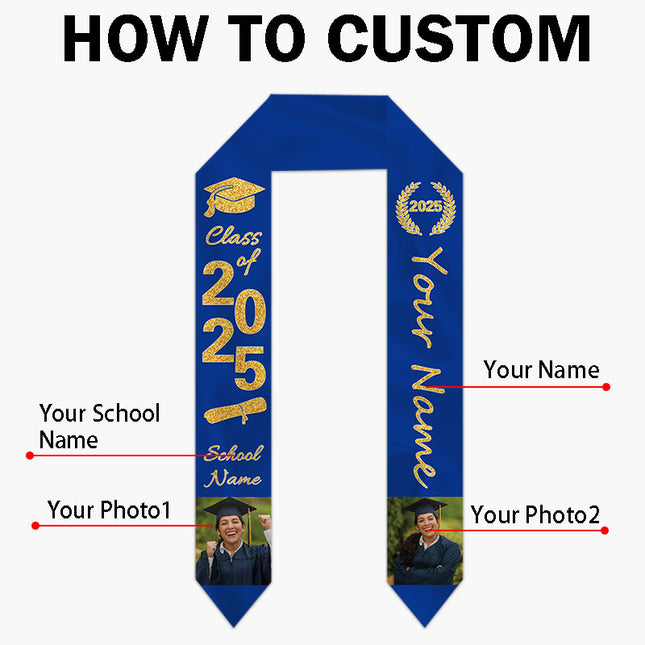 UUBAO Personalized Photo Name Graduation Shawl Custom Multi-color Option Graduation Stole Class Of 2025 Honor Shoulder Strap Decoration (Yellow)