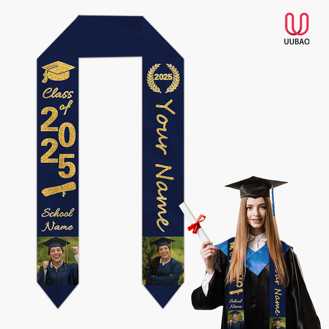UUBAO Personalized Photo Name Graduation Shawl Custom Multi-color Option Graduation Stole Class Of 2025 Honor Shoulder Strap Decoration (Midnight Blue)