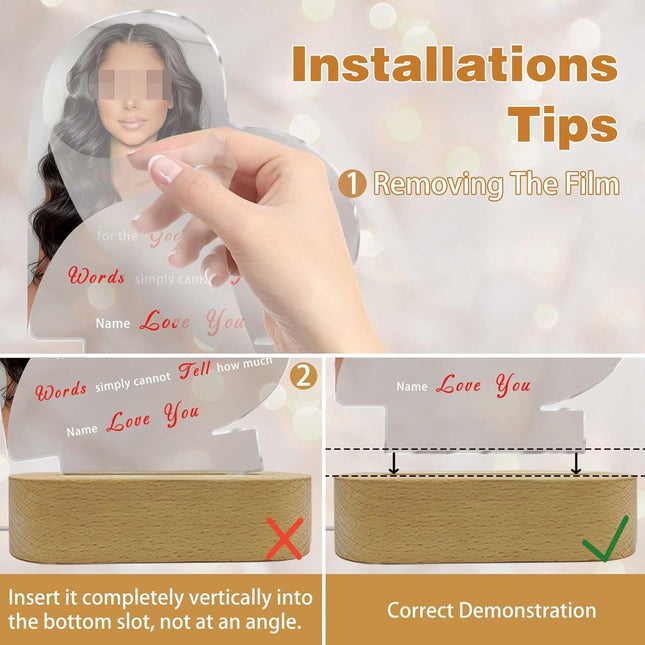 UUBAO Personalized Mother's Day Night Light Gift with Wooden Base Custom Photo Acrylic Plaque LED Night Lamp Gift for Mom